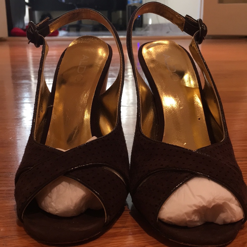 Brownish-Purple Criss Cross Aldo Wedged Heels